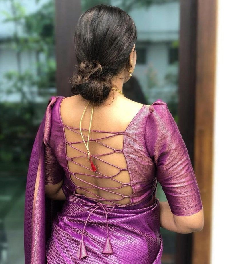 Purple Color Back Blouse Designs Silk Saree