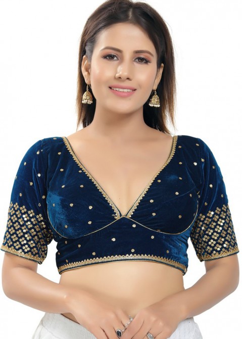 Boat Neck Plain Navy Blue Blouse Design