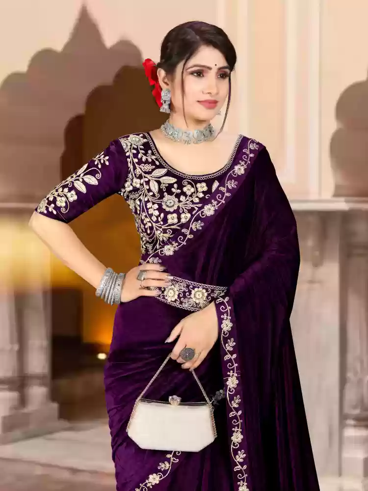 Embroidered Velvet Blouse with Purple Embellishments