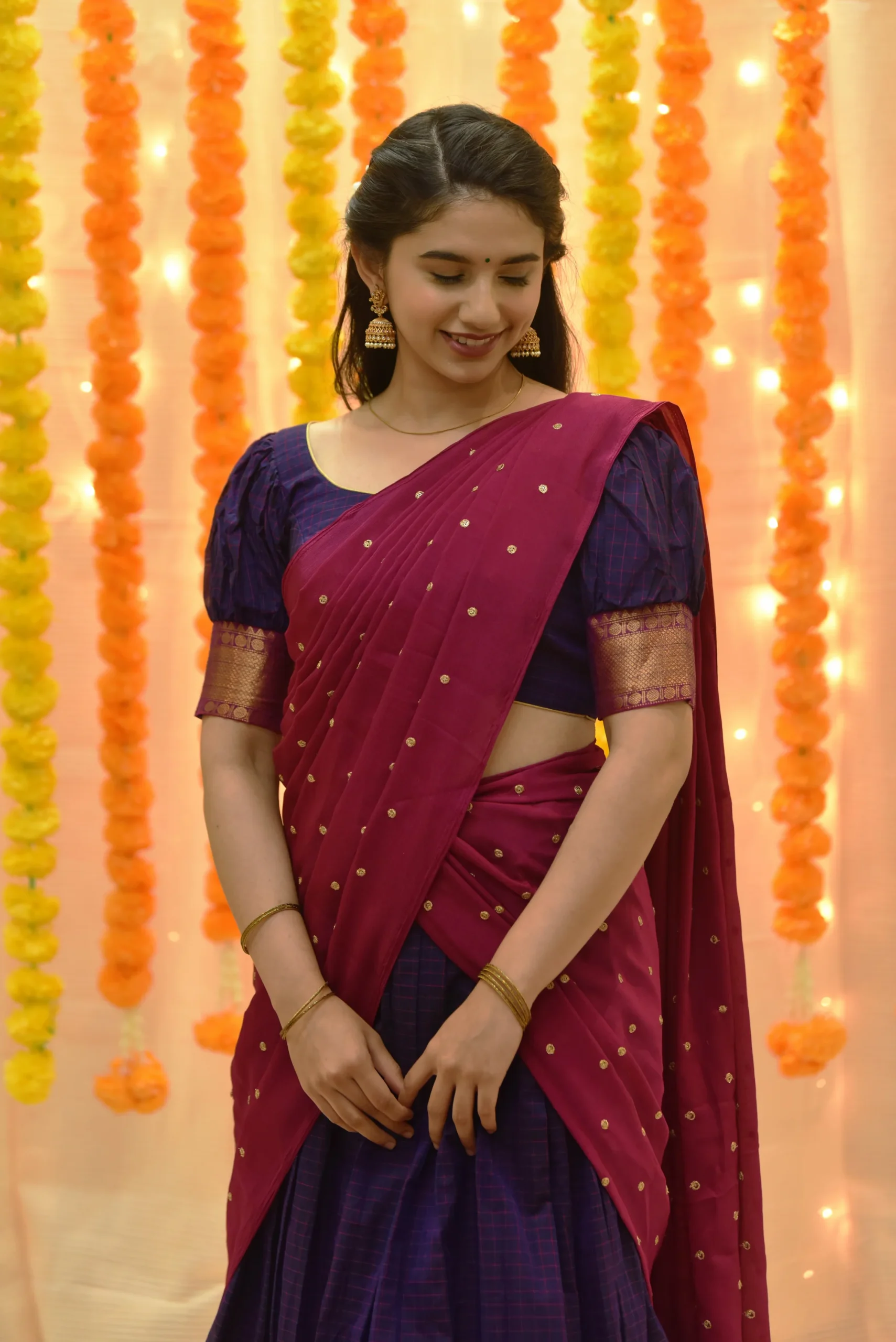 Navy Blue and Pink Border Blouse Design