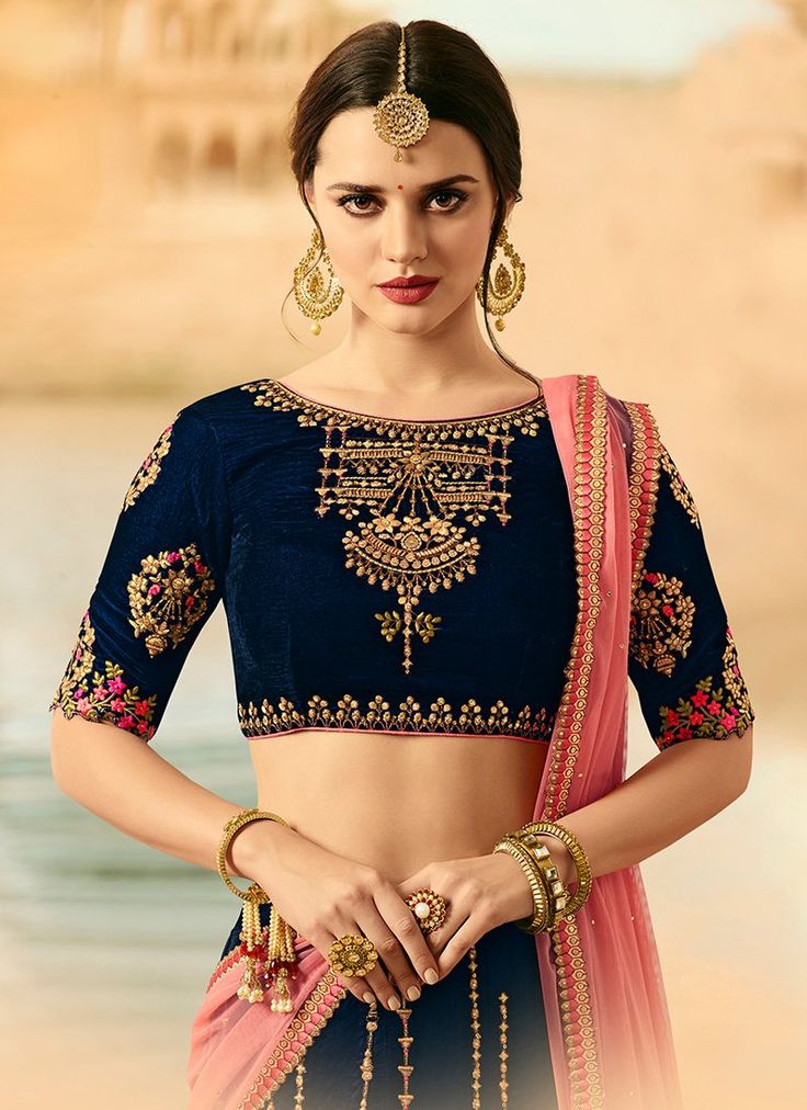 Navy Blue Velvet Blouse Designs