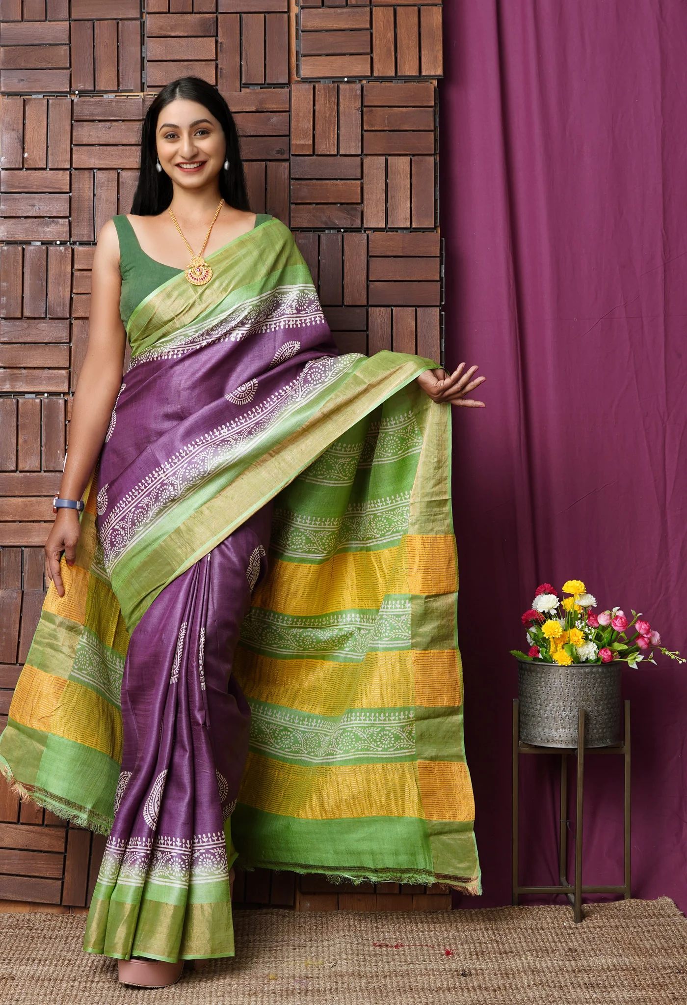 Purple Handloom Tussar Silk Saree Blouse Designs