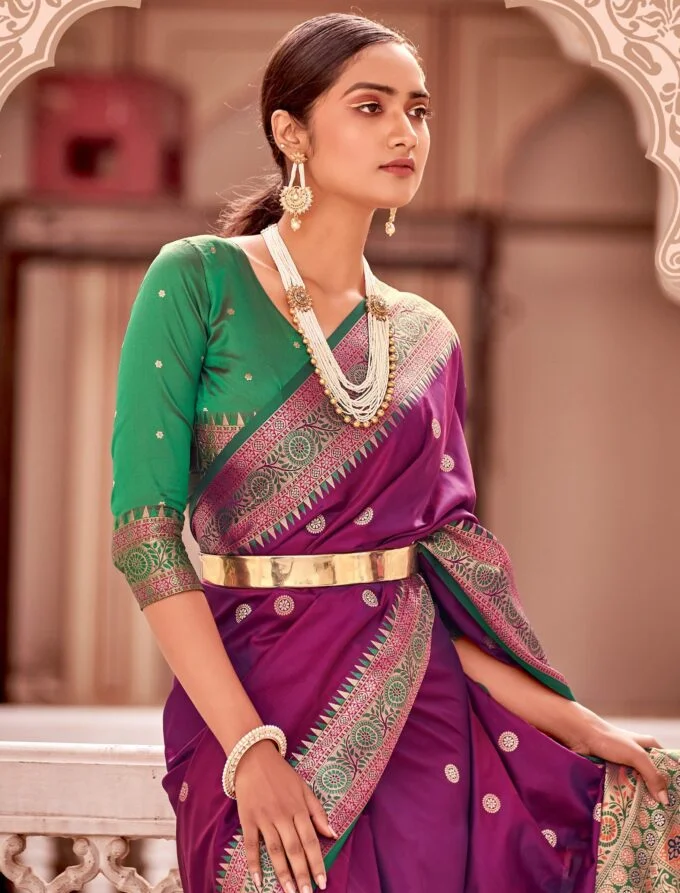 Purple Pattu Saree and Green Designer Blouse
