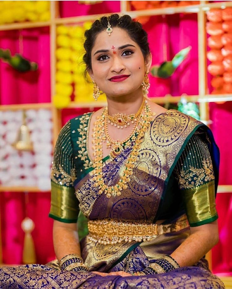 Purple Saree and Green Designer Blouse