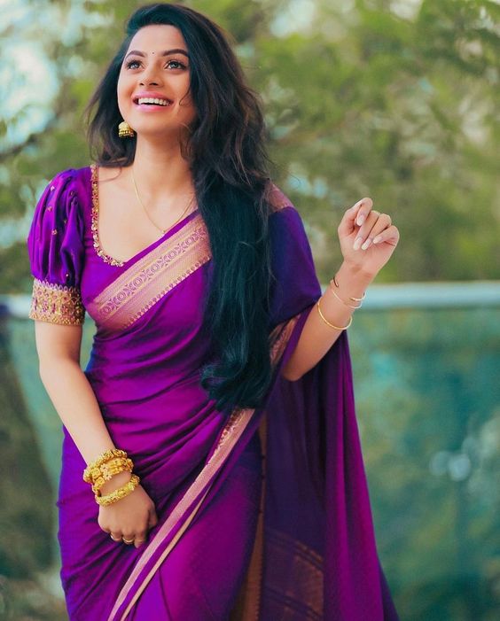 Purple Saree Latest Blouse Designs with Puff