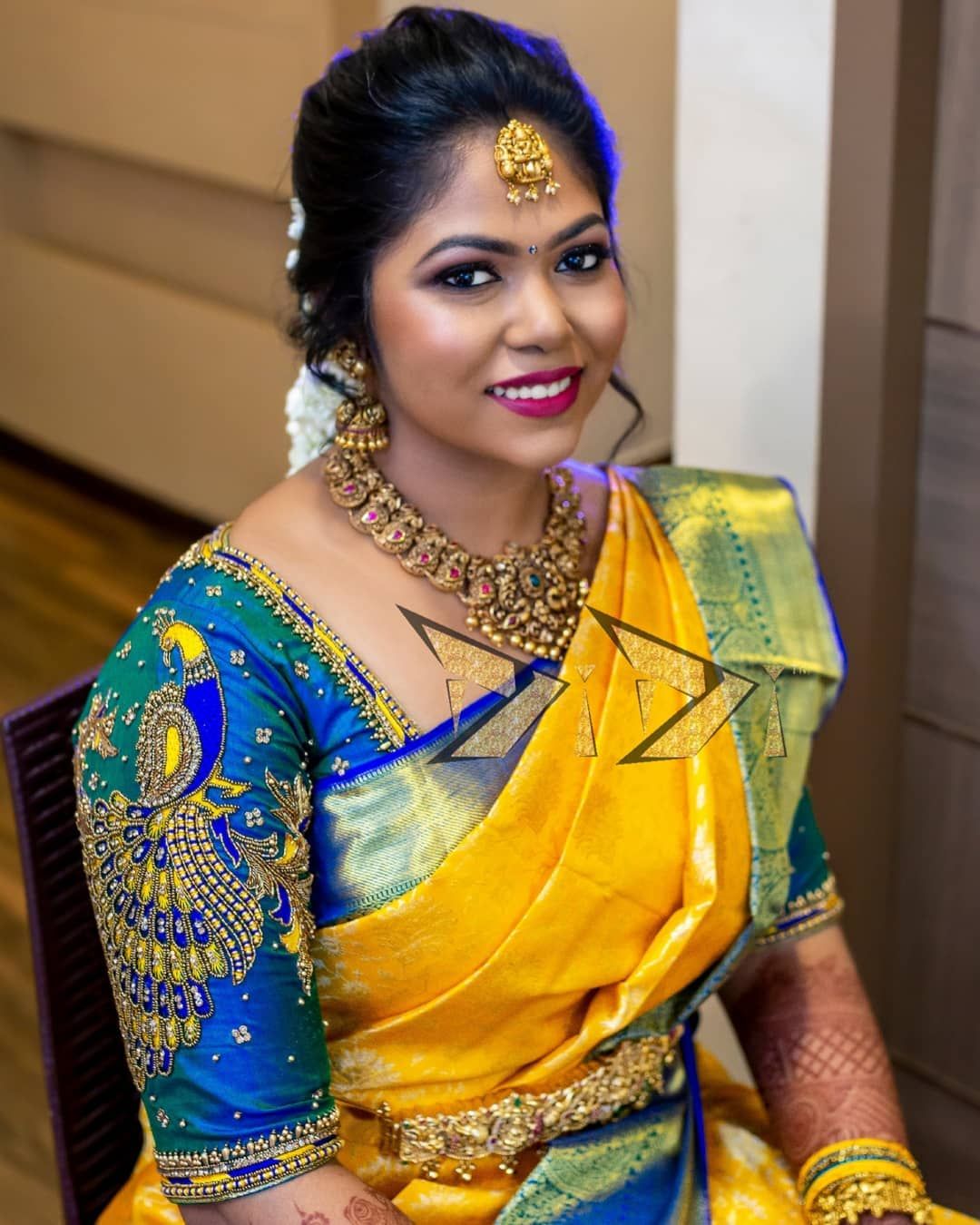 Yellow and Blue Combination Blouse Designs