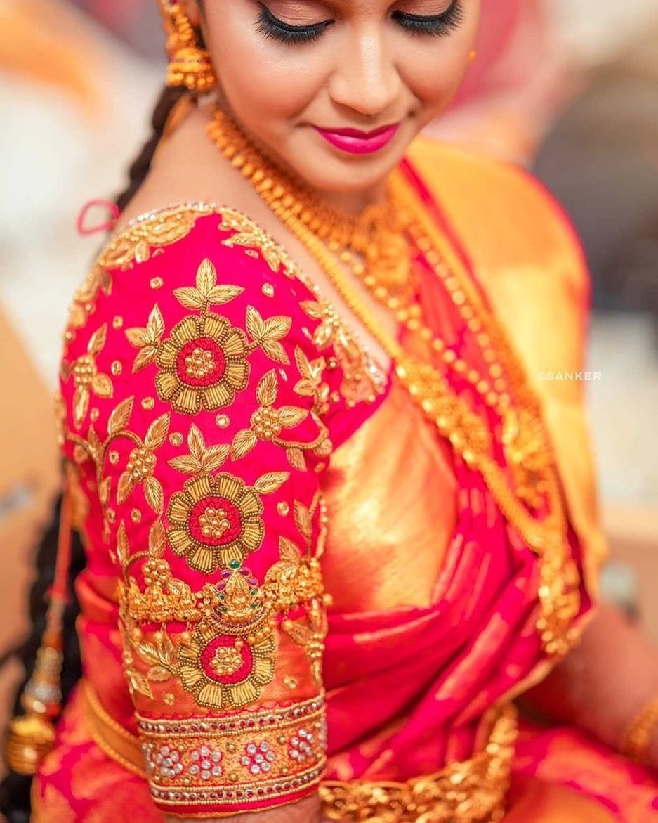 Aari Work Design for Pink and Golden Color Blouse