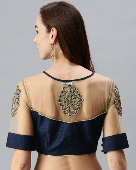 Blouse Designs Latest with Blue Colour and Cream Colour