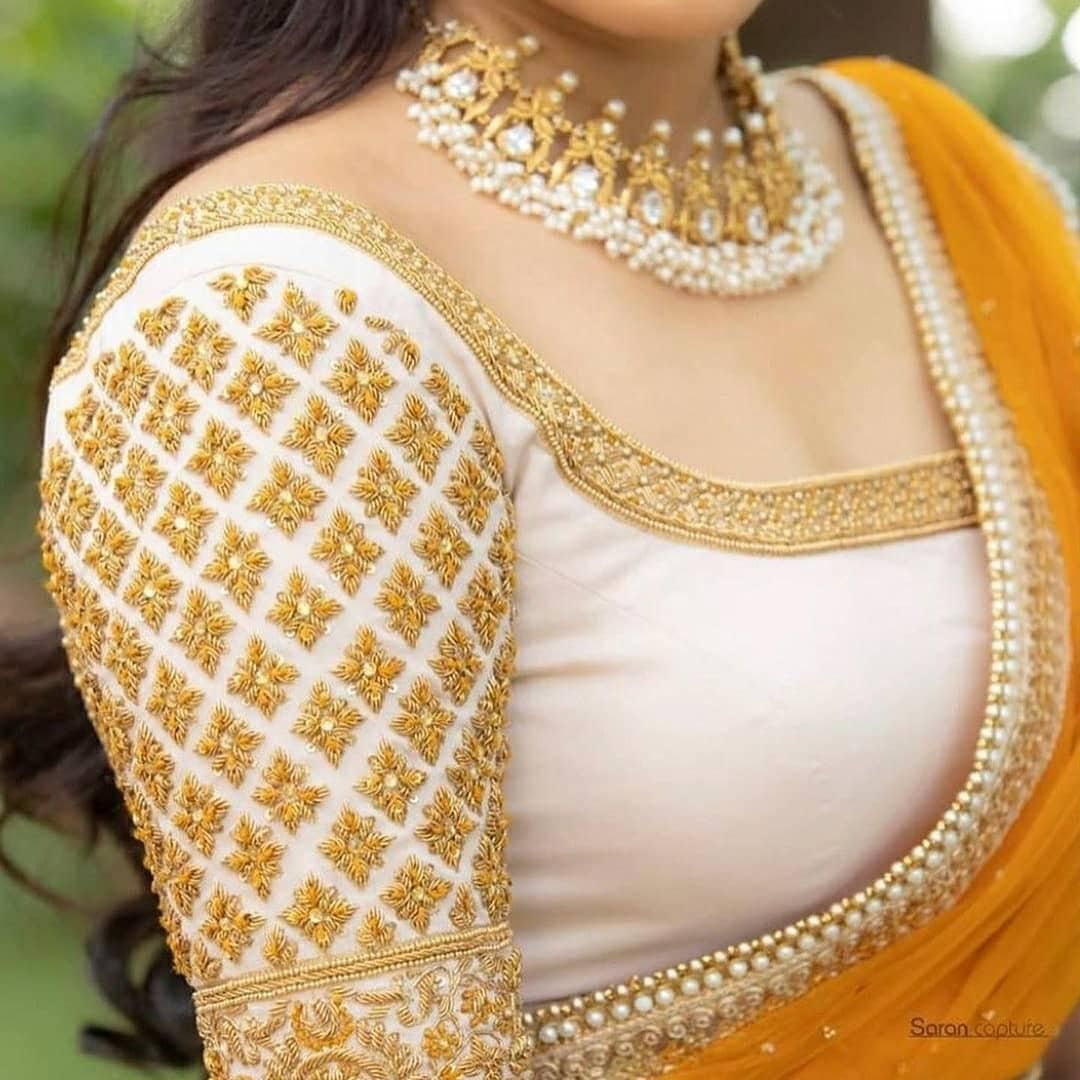 Cream Colour Aari Blouse Designs