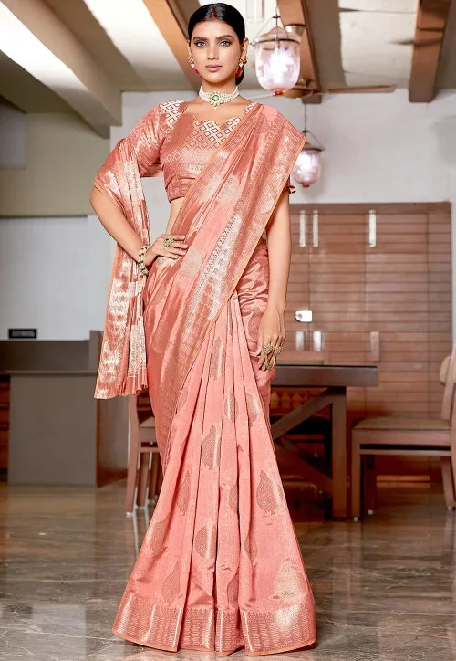 Latest Silk Saree Peach Color Blouse Border Aari Designs