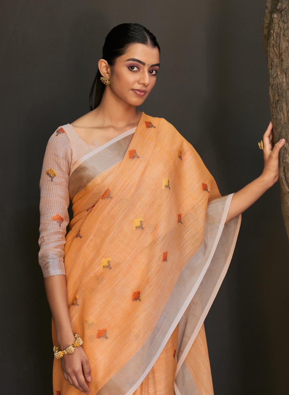Light Orange Colour Saree with Contrast Blouse
