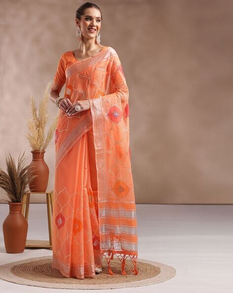 Orange Color Saree Contrast Blouse