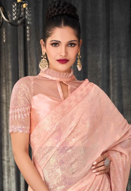 Peach Color Net Saree with Designer Blouse