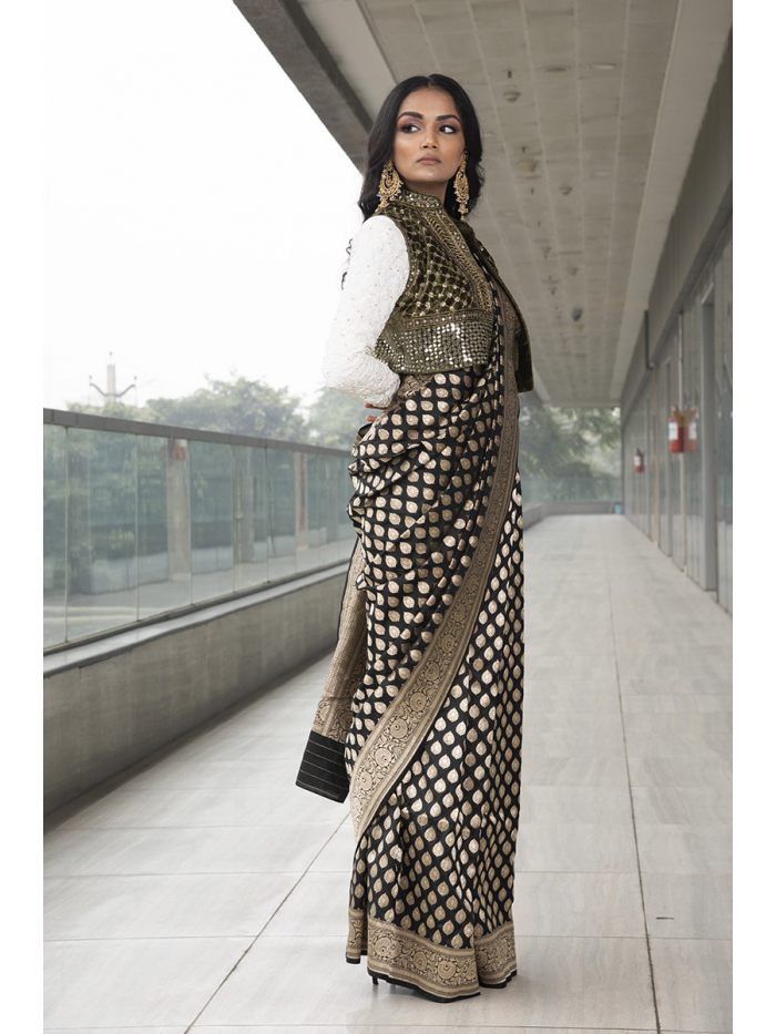 Jacket Style Blouse with black and white saree