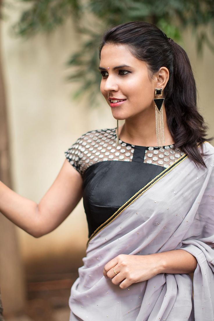 Sheer Blouse with Embellishments black and whiter saree