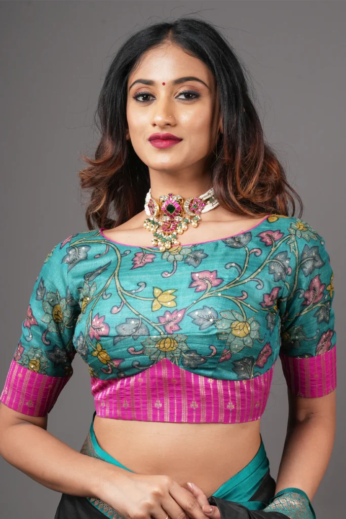 Boat Neck Kalamkari Blouse Designs