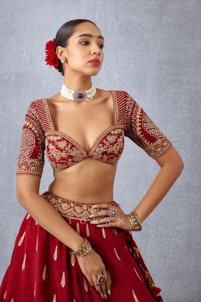 Red Deep Neck Blouse Designs