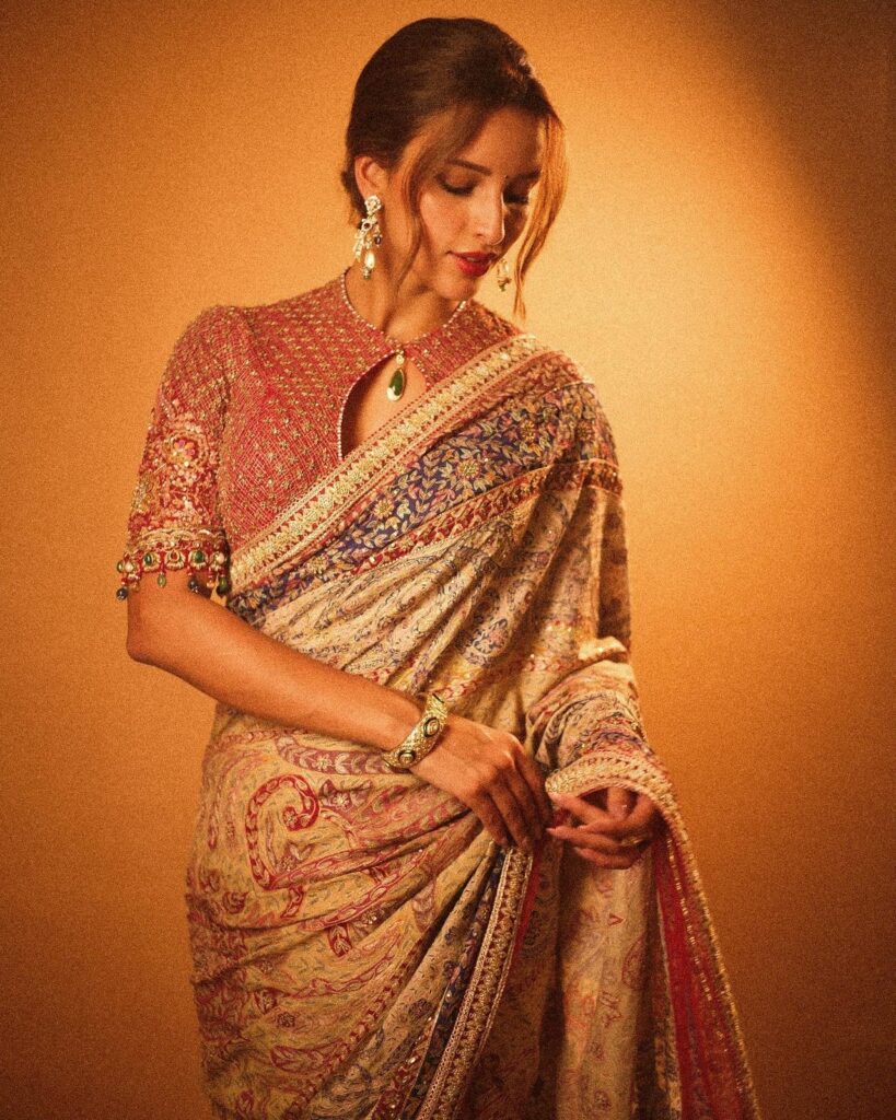 Designer Saree for Engagement High Neck Blouse