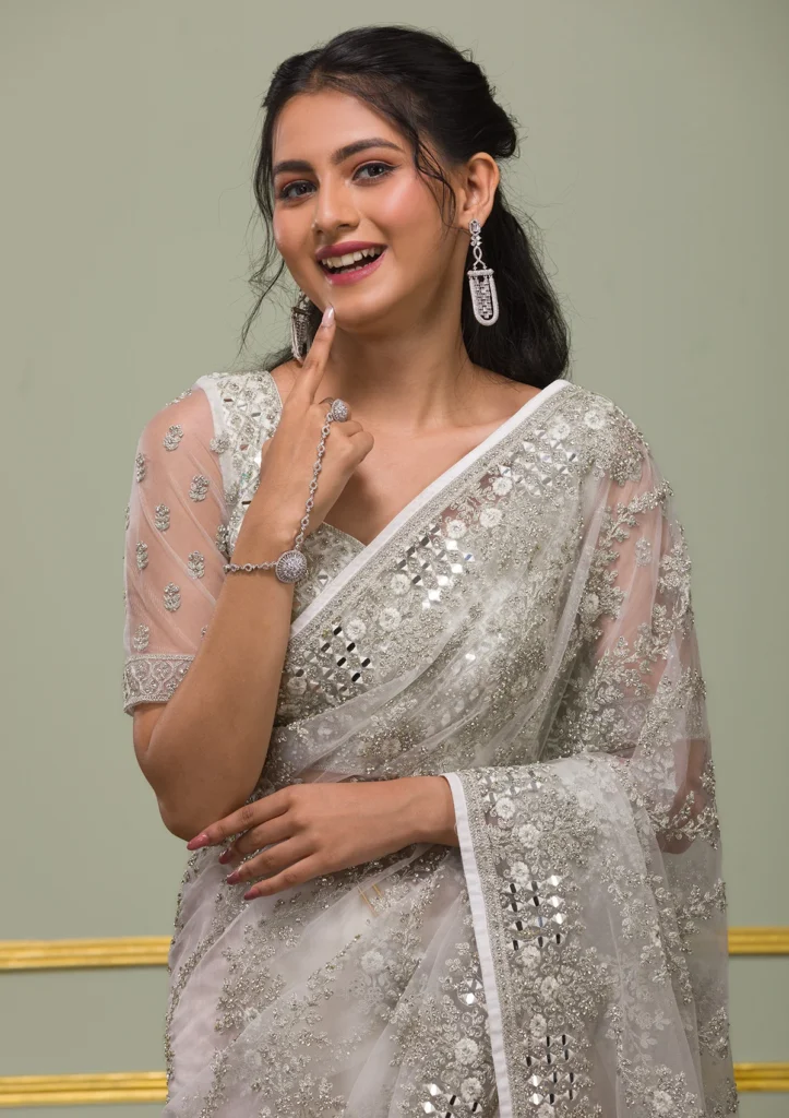 Off-White Net Saree with Blouse