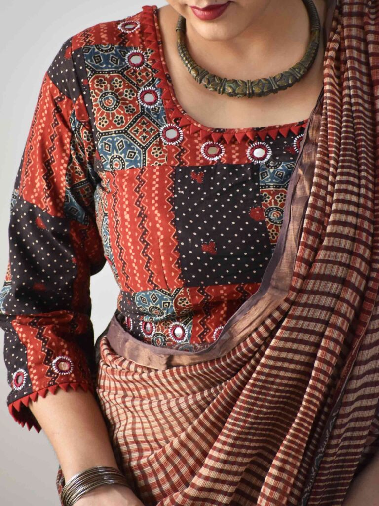 Ajrakh Blouse with Embroidery