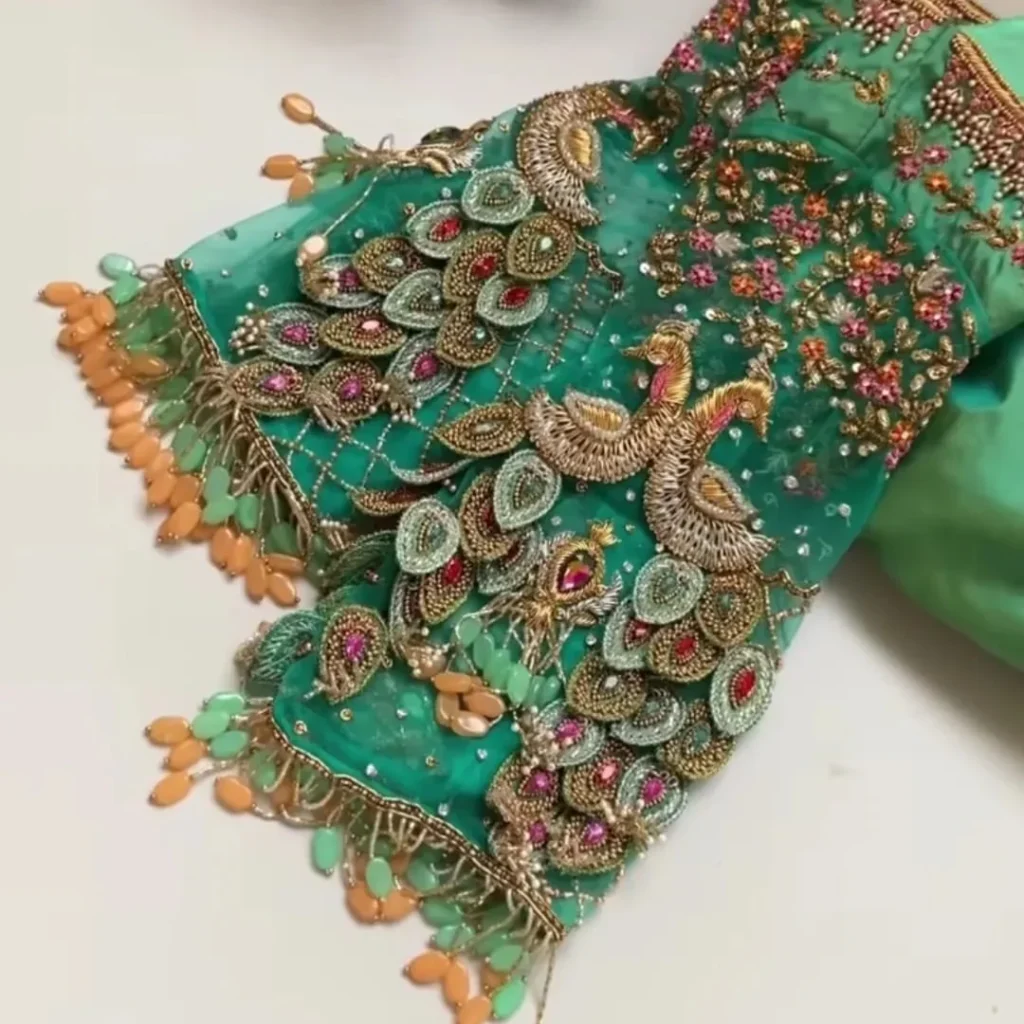 Peacock Design on Blouse Hands