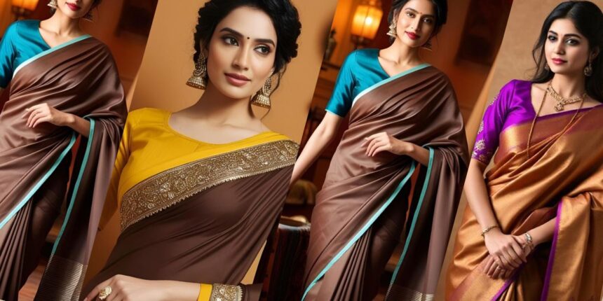 Brown Saree Contrast Blouse Designs