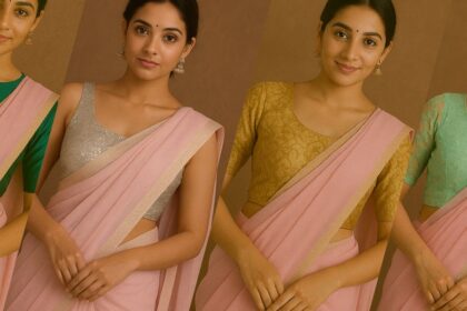 Contrast Blouse Ideas for Baby Pink Sarees
