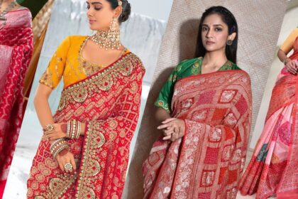 Contrast Blouse Designs for Red Bandhani Sarees