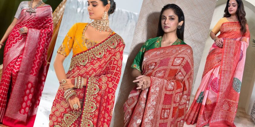 Contrast Blouse Designs for Red Bandhani Sarees