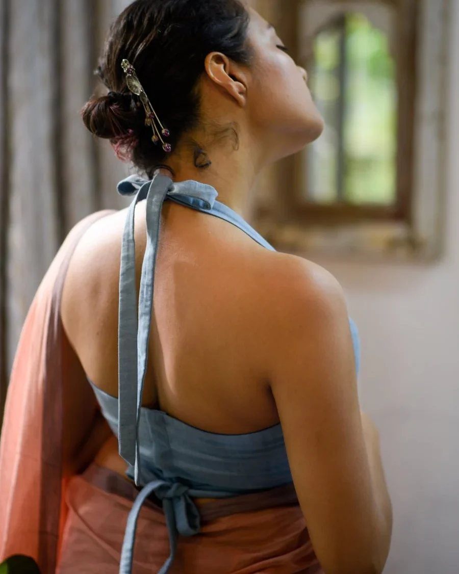 Backless Denim Blouse with Tie-Up Strings