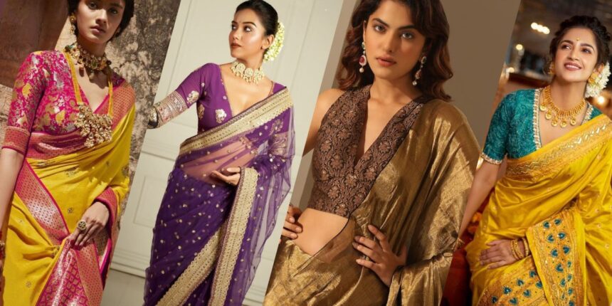 V Neck Blouse Designs for Banarasi Sarees