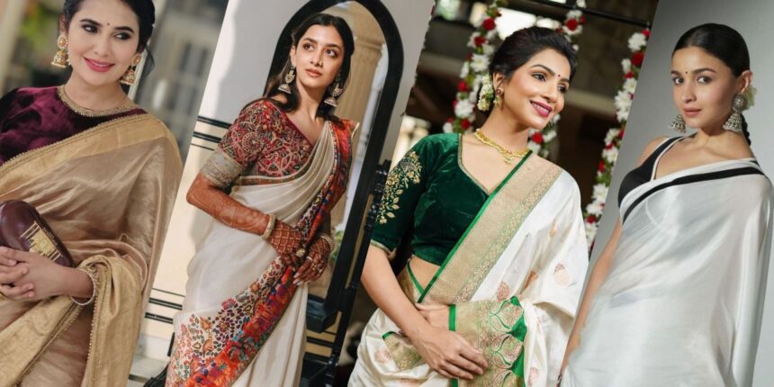 White Saree with Contrasting Blouse Designs