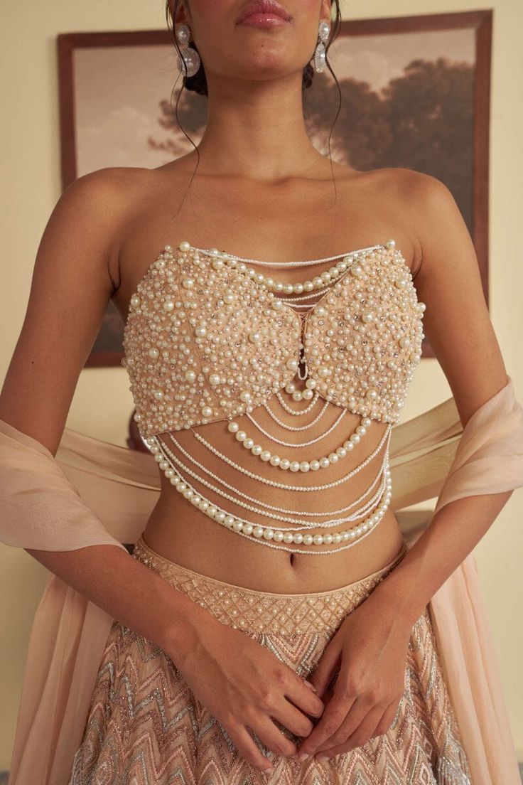 Strapless Blouse with Pearl Embellishments