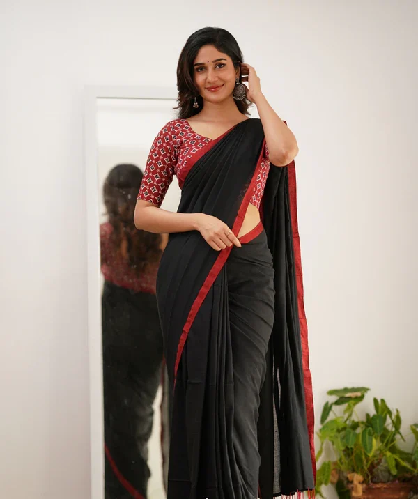 Black Kalamkari Cotton Saree with Red Contrast Blouse