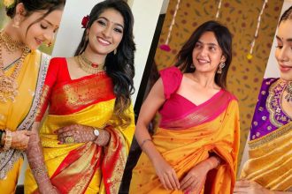Contrast Blouse Designs for Yellow Sarees for Haldi Brides