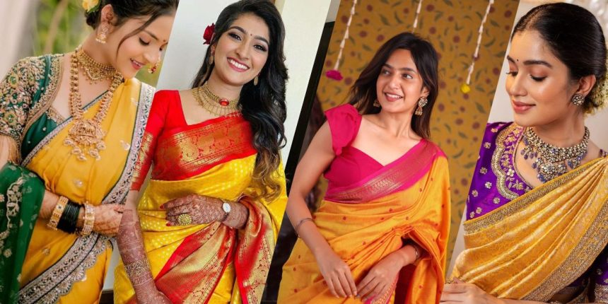 Contrast Blouse Designs for Yellow Sarees for Haldi Brides
