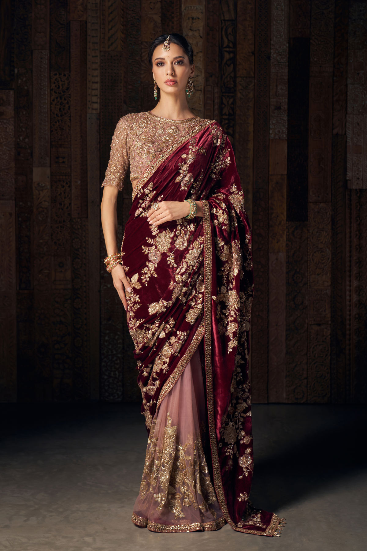 Burgundy Velvet Saree with Mirror Work