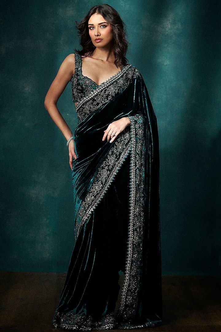 Deep Blue Velvet Saree with Silver Work