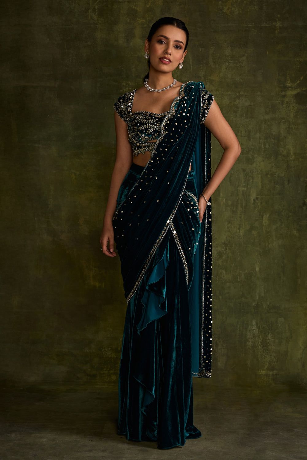 Green Velvet Saree with Golden Embroidery