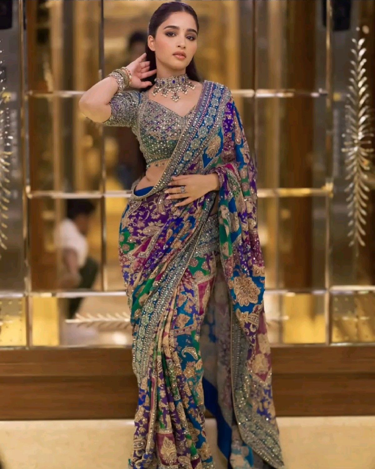 Multicolor Velvet Saree with Designer Blouse
