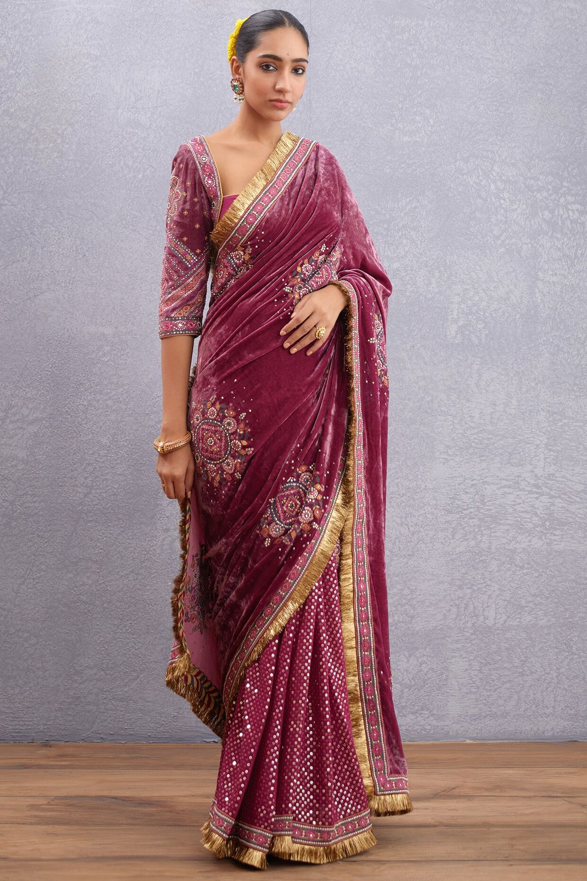 Pink Velvet Saree with Floral Embroidery