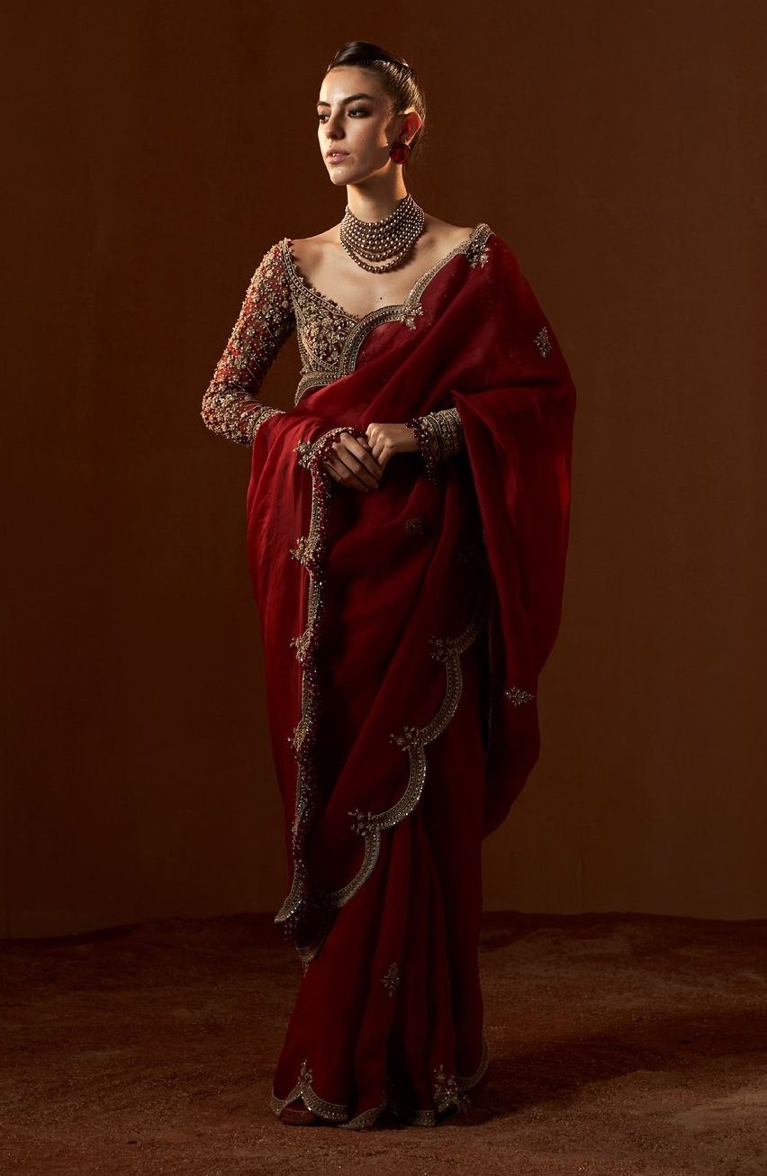 Royal Maroon Velvet Saree with Zari Embroidery