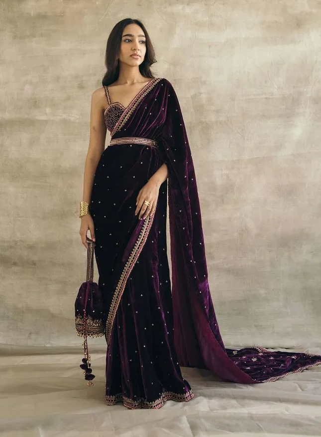 Velvet Saree with Contrast Blouse