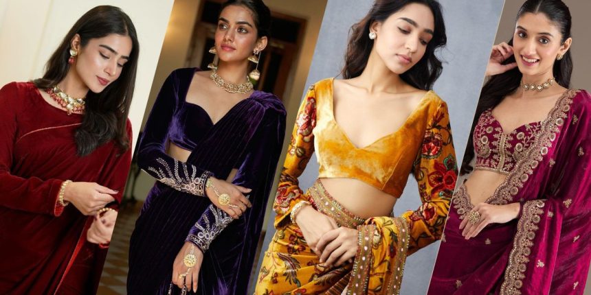 Beautiful Velvet Saree Contrast Blouse Designs to Instantly Look Royal