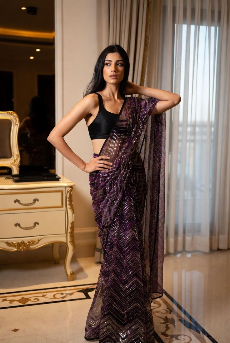 Black Sequin Blouse With Purple Saree