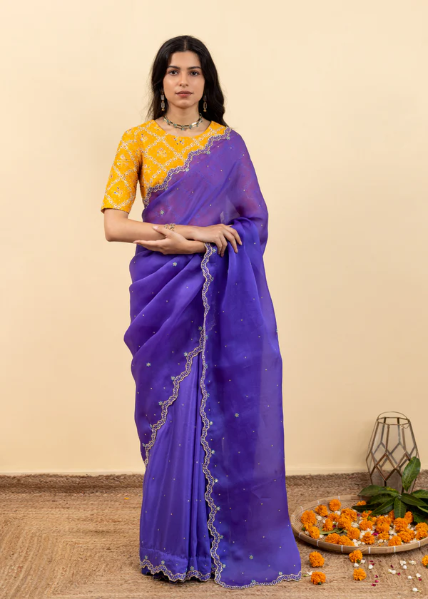 Gold Zari Blouse With Deep Purple Saree