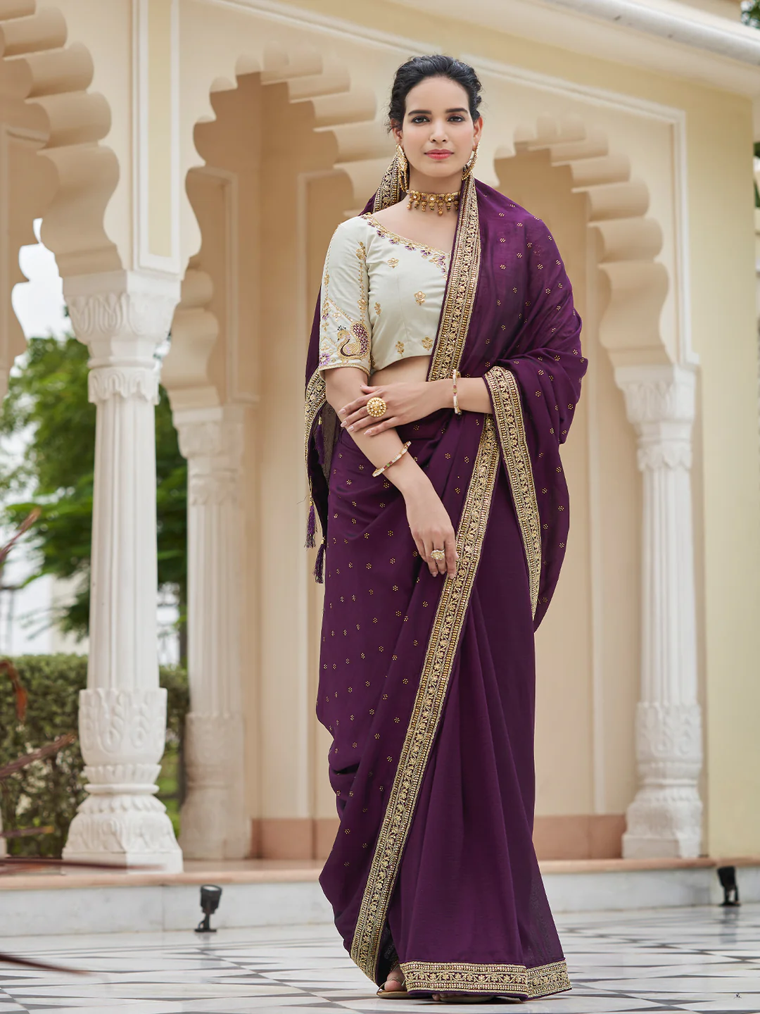 Ivory or Off-White Blouse With Purple Saree