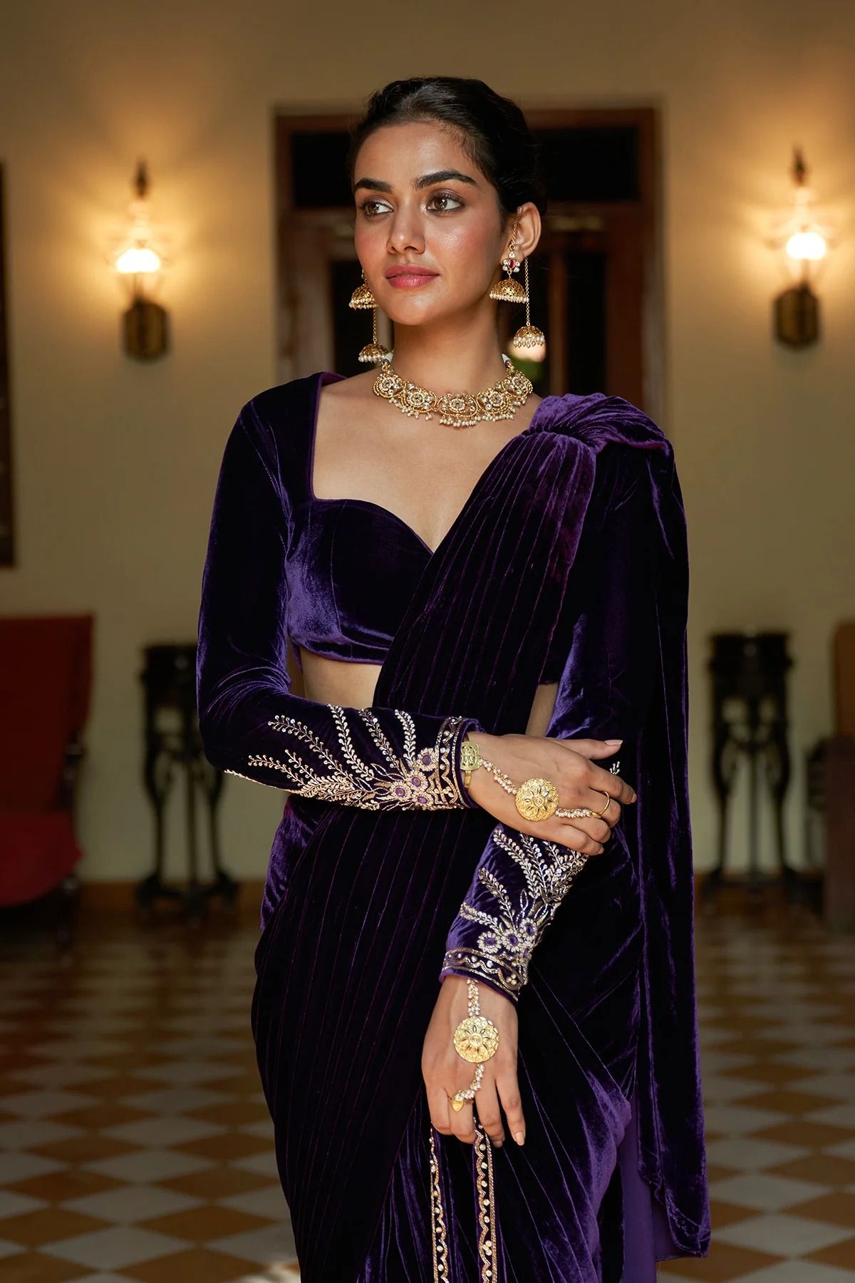 Navy Velvet Blouse with Princess Cut & Contrast Piping