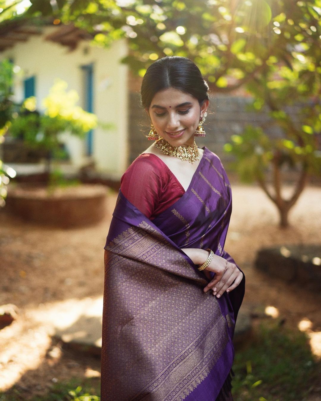 Orange or Rust Blouse With Purple Saree