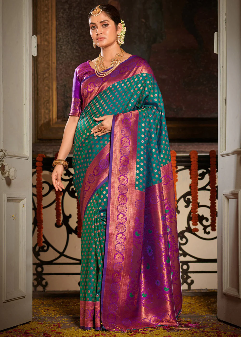 Peacock Blue Blouse With Purple Saree